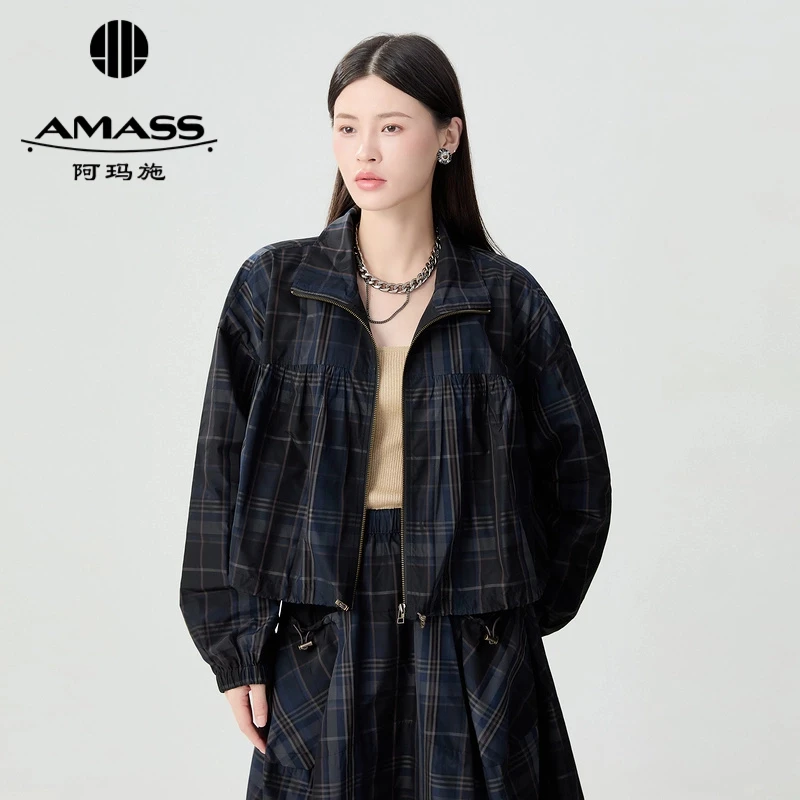 阿玛施AMASS新款经典复古时尚学院风格纹通勤百搭夹克外套5400877