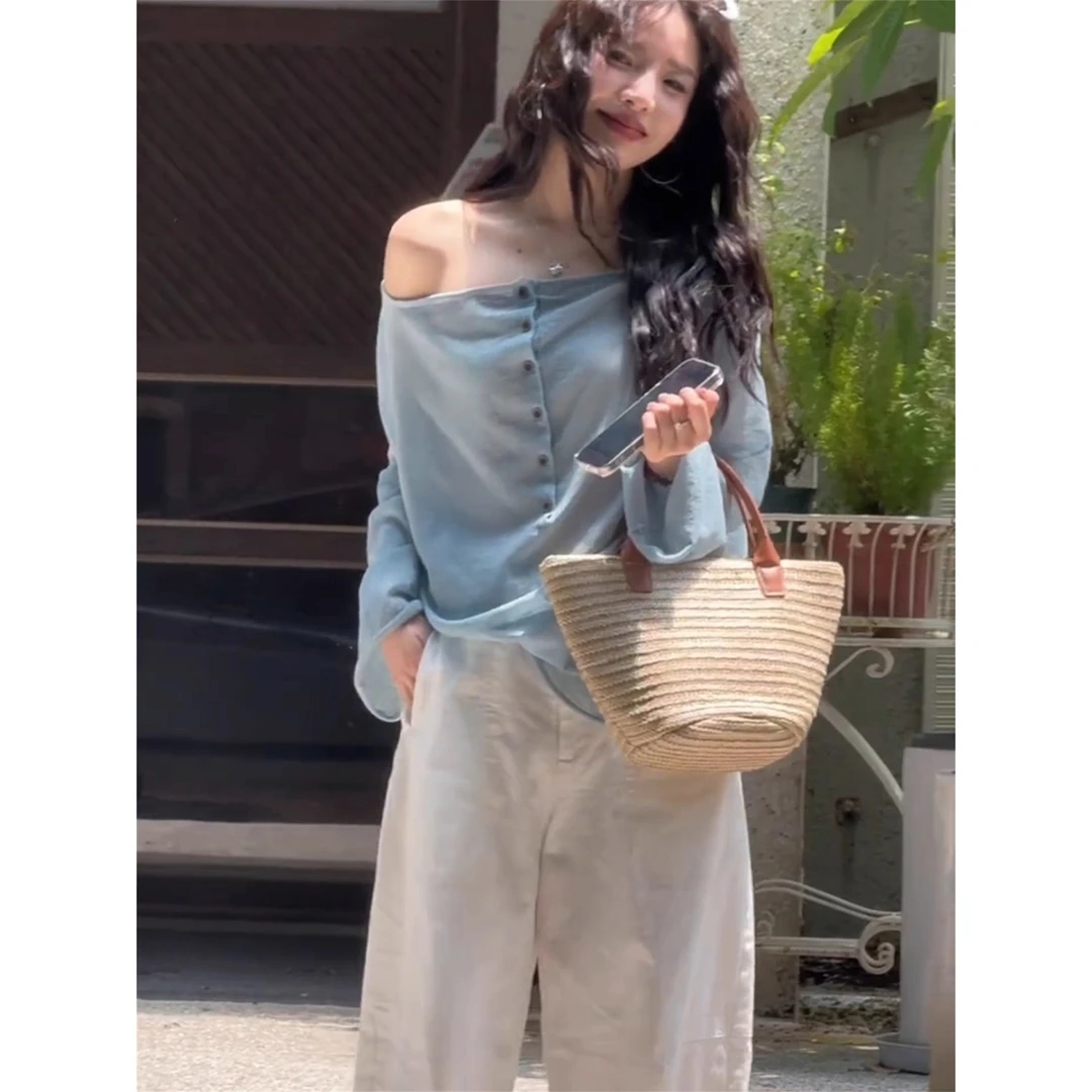 版型好绝！蓝色半开领一字肩长袖T恤女2025慵懒风罩衫薄纱上衣