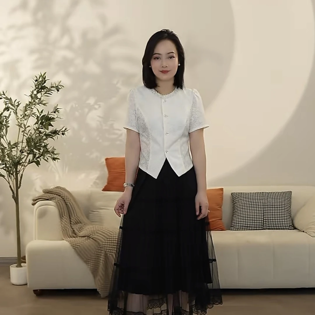 【曼姐定制】2025春夏轻奢风衬衫气质时尚显瘦蕾丝时尚套装百搭2635