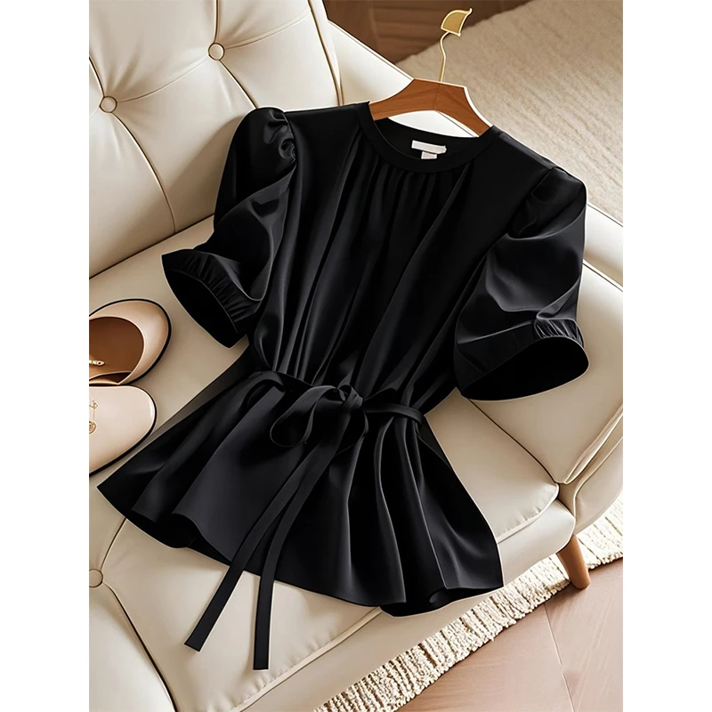 夏轻奢高级感时尚百搭漂亮小衫小清新上衣仙气飘飘黑色短袖衬衫女