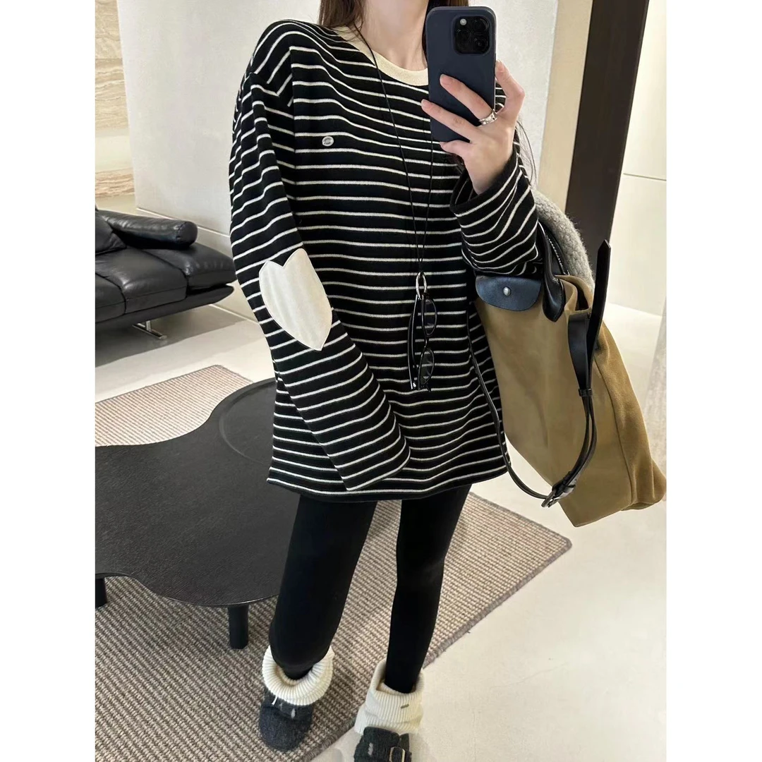 J-1955#喜大东#【加绒】韩系简约爱心条纹“磨毛”大版长袖T恤（福利）