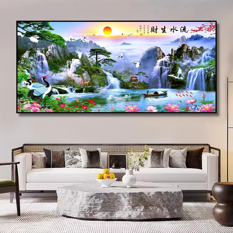 客厅沙发背景墙钻石画满钻流水生财钻石绣十字绣简约风景diy贴钻