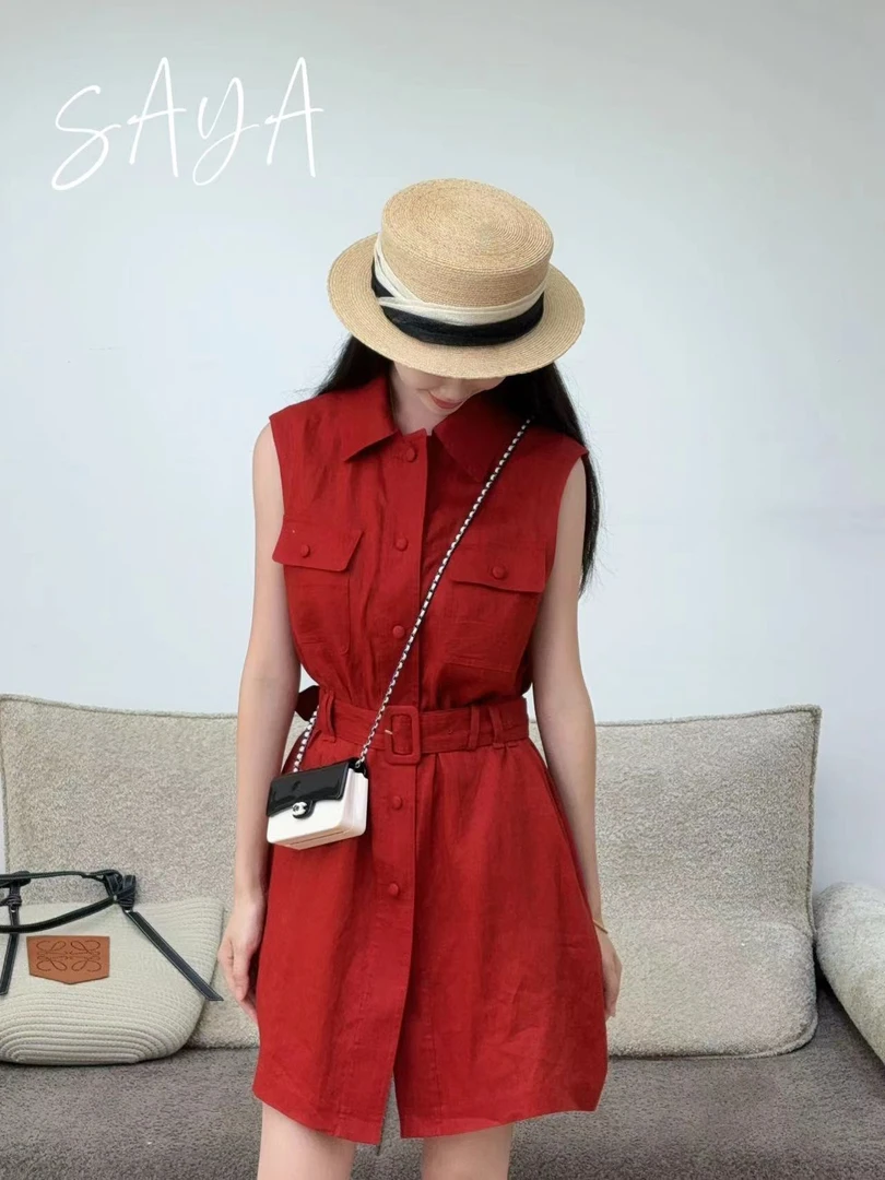 【小韩家】欧货2025夏新翻领复古气质洋气亚麻高级感连衣裙