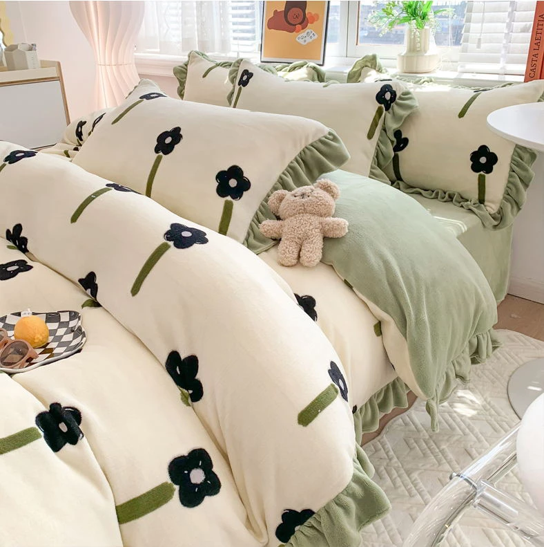 【清仓】微瑕秋冬小暖炉裸睡神器双面加厚牛奶绒花边床上四件套学生