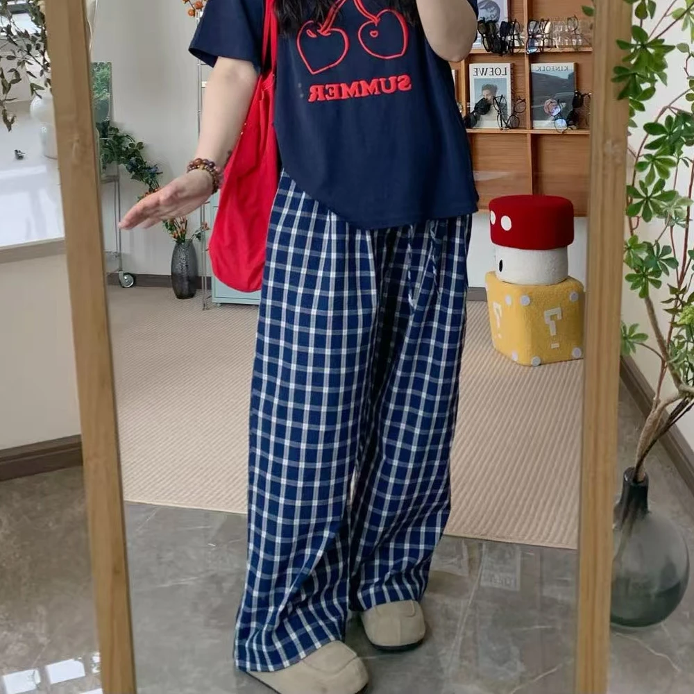 2025新款上新 微胖MM带腰绳格子阔腿裤 5758