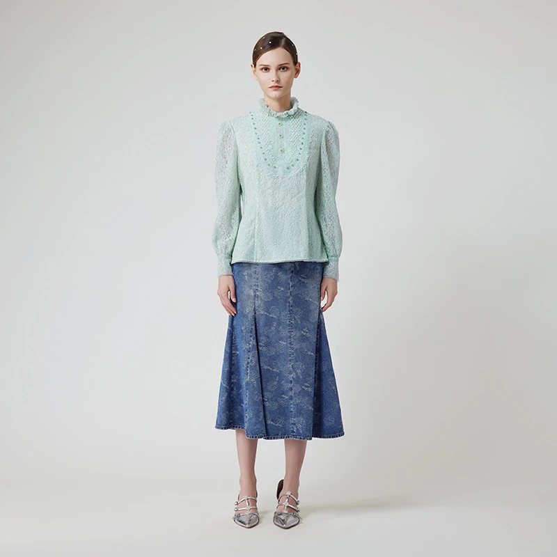 【媛媛专享】朝峰秋季新款法式浪漫收腰立领蕾丝衬衫FJE3B618-6028T