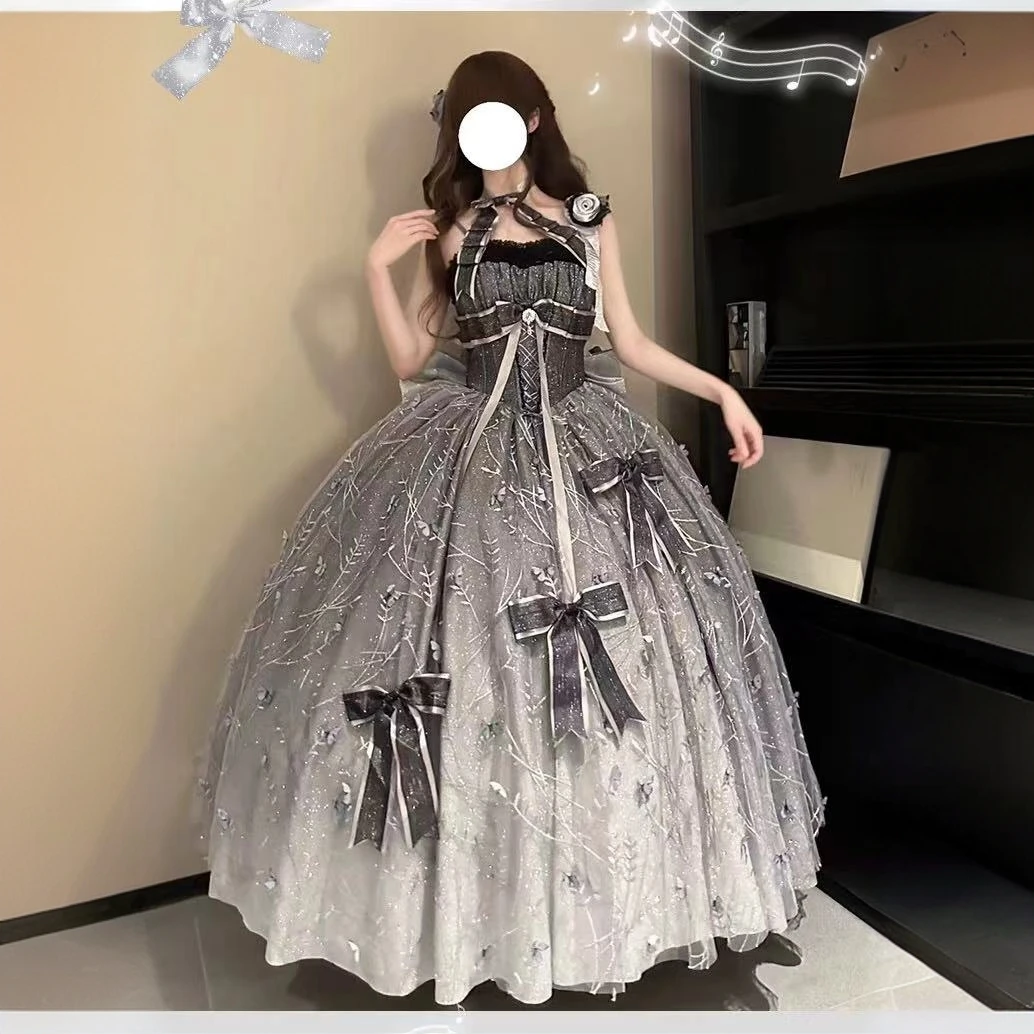 星夜独奏亮粉公主裙拖尾裙吊带收腰连衣裙洛丽塔lolita仙女蓬蓬裙