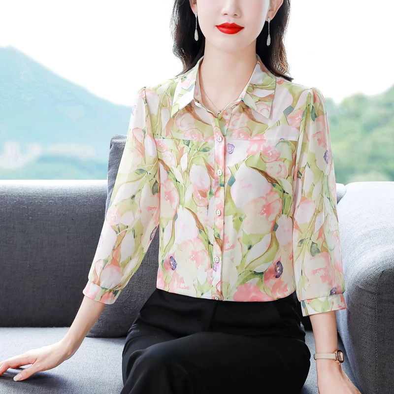 高档印花雪纺衬衫女上衣2025春秋季新款女士印花时尚显瘦宽松衬衣