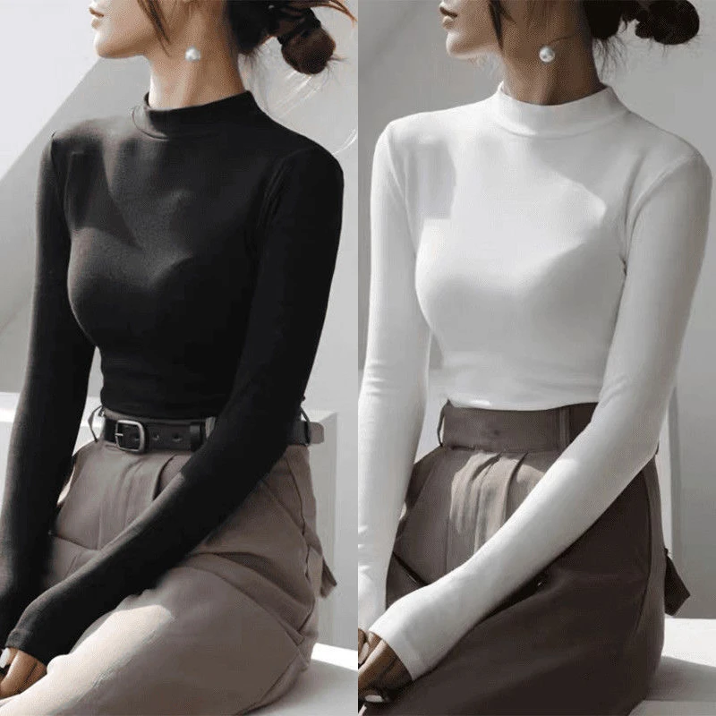 女装设计感韩版秋季T恤上衣打底复古纯色通勤修身长袖显瘦新款