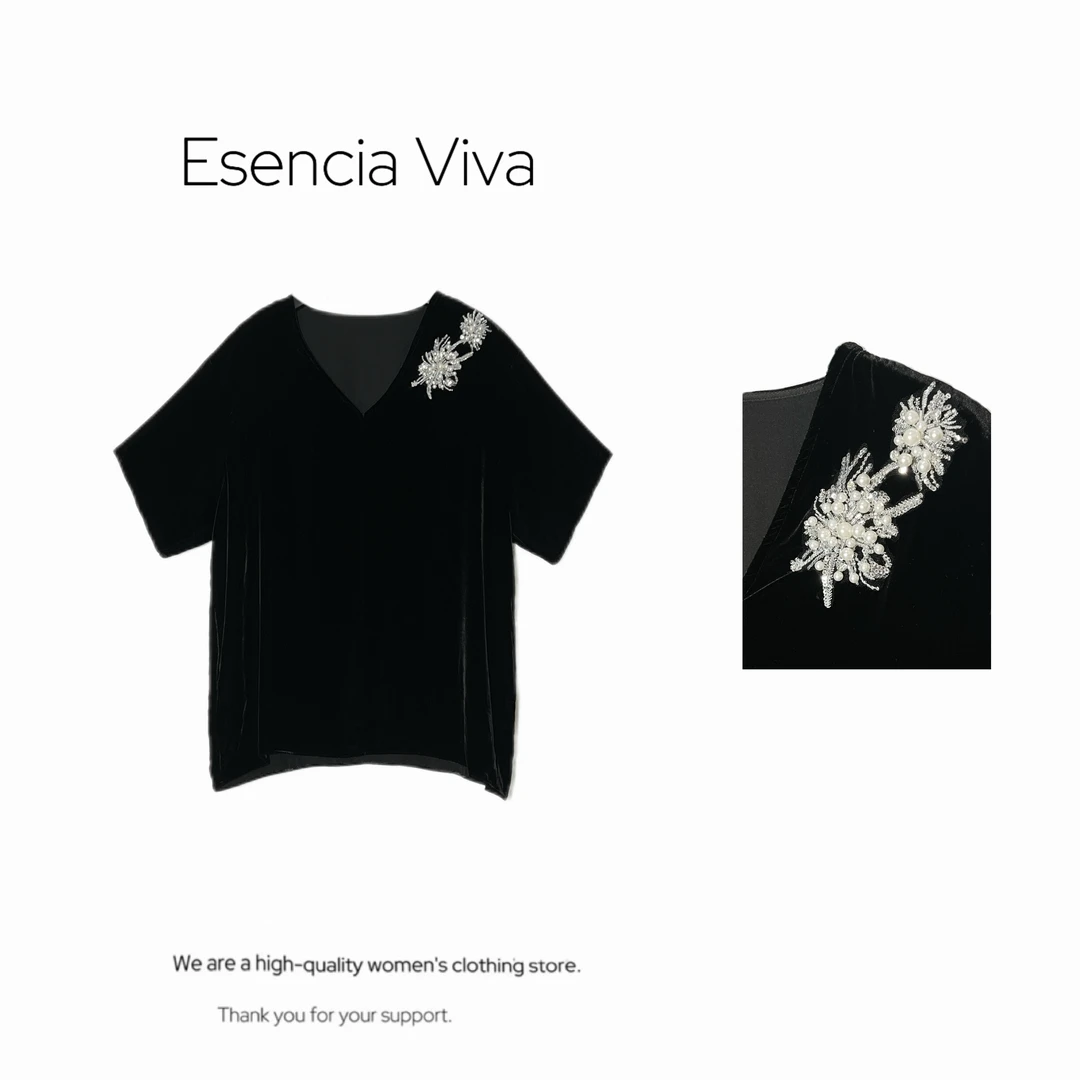 EV.【千宵绽放】100%桑蚕丝烟花高定系列夏季V领短袖上衣EVZZ0350