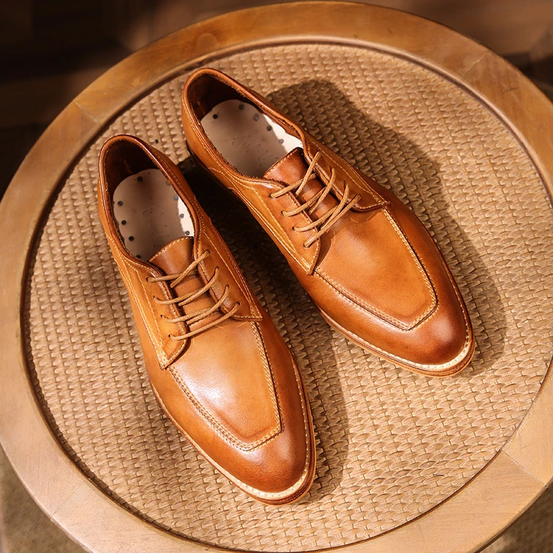 男士植鞣水洗胎牛皮商务皮鞋尖头正装皮鞋休闲皮鞋复古手工固特异