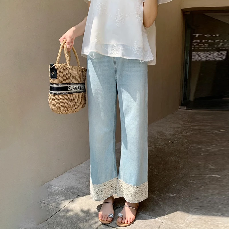 【琪琪家】孕妇花边款抽绳无托腹外穿直筒裤阔腿裤潮妈孕妇裤