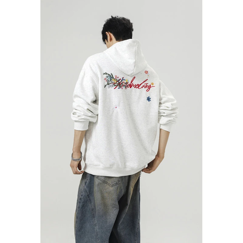 秋冬花卉设计万针刺绣重磅420g连帽卫衣男潮牌宽松青少年情侣上衣