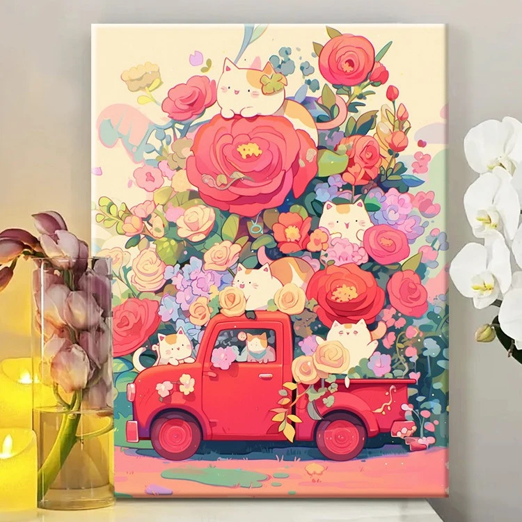 猫猫童话车|diy数字油画丙烯填充手绘手工手绘治愈减压油彩涂色画