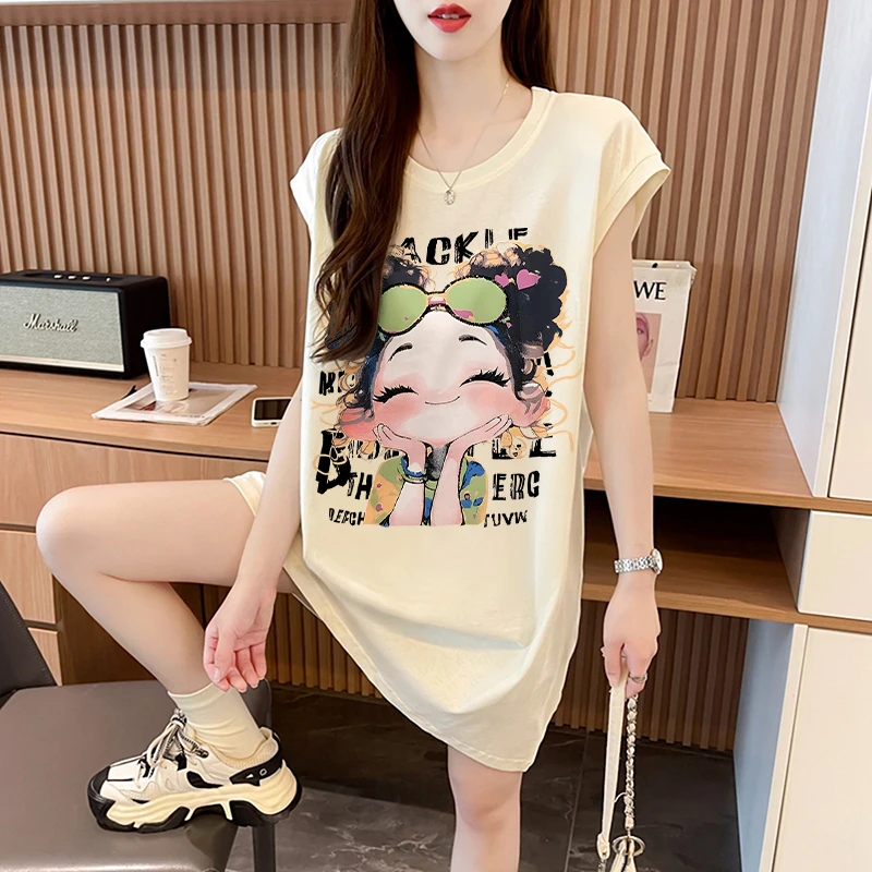 卡通坎肩无袖背心连衣裙女夏季2025爆款宽松慵懒风休闲显瘦T恤裙