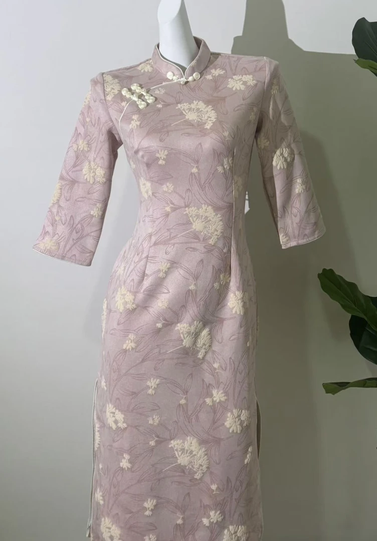 0119 粉色 葫芦扣 线条 秋款【蒲公英】 旗袍