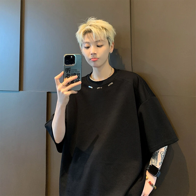 重磅小众短袖T恤男款美式潮流cleanfit痞帅设计感金属装饰五分袖