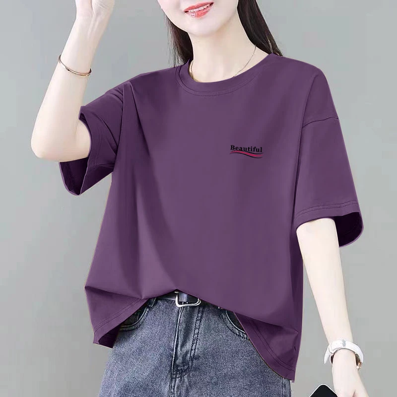 夏季妈妈装纯棉圆领短袖t恤女大码胖mm宽松休闲显瘦洋气减龄上衣