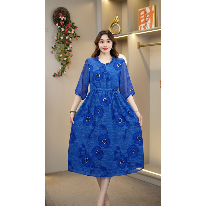 秋季新款妈妈装时尚长裙气质定位洋气【牛仔蓝】D