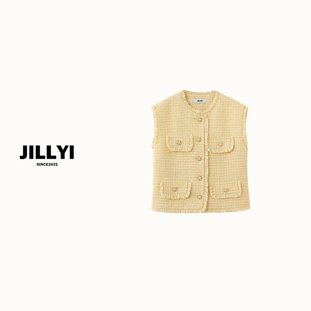 JILLYI南山店【姜黄少女】蛋黄色圆领单排扣流苏工艺马甲百搭