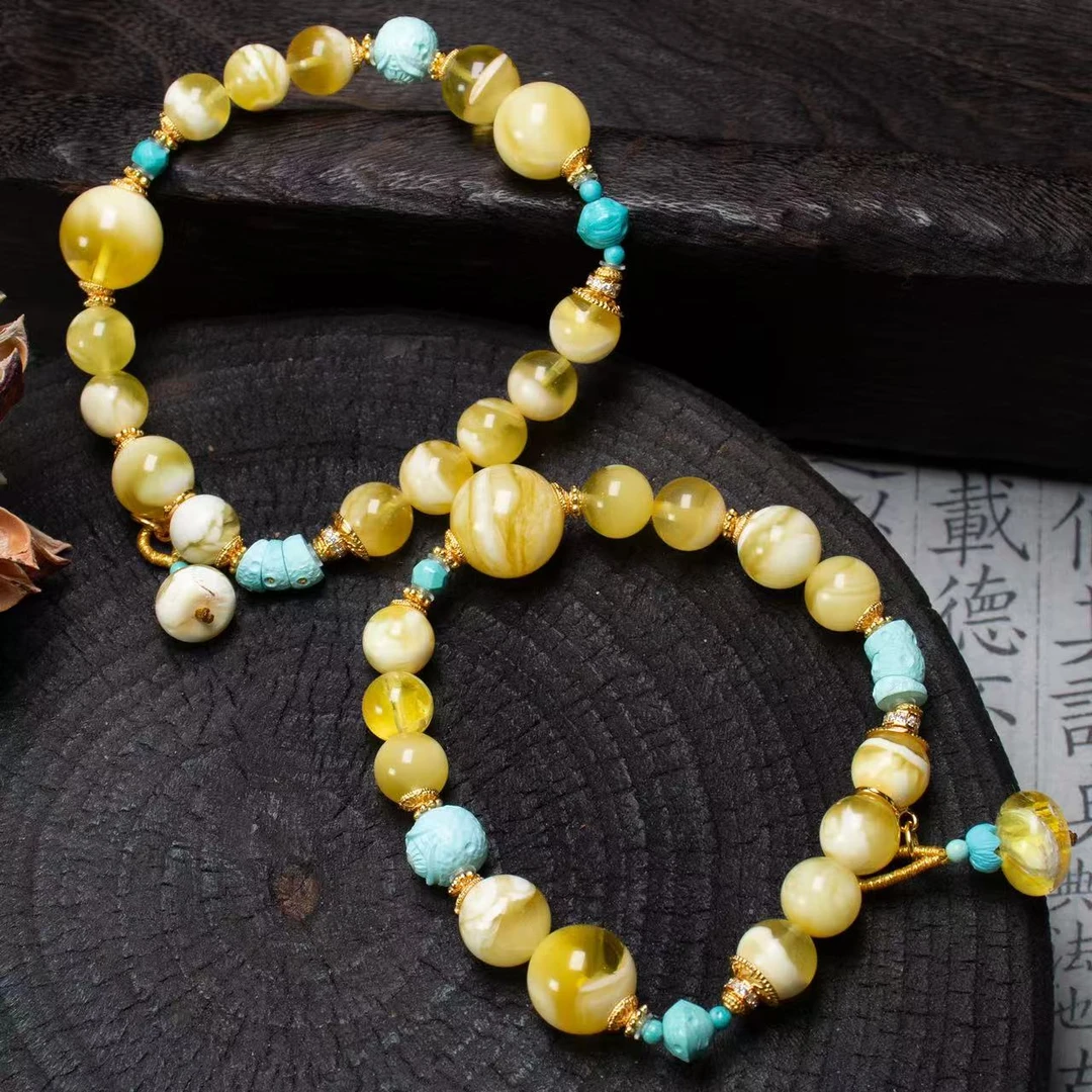 【壹芳珠宝】天然原矿琥珀微粉金妖白大小珠8-12mm（多样性发货一件）