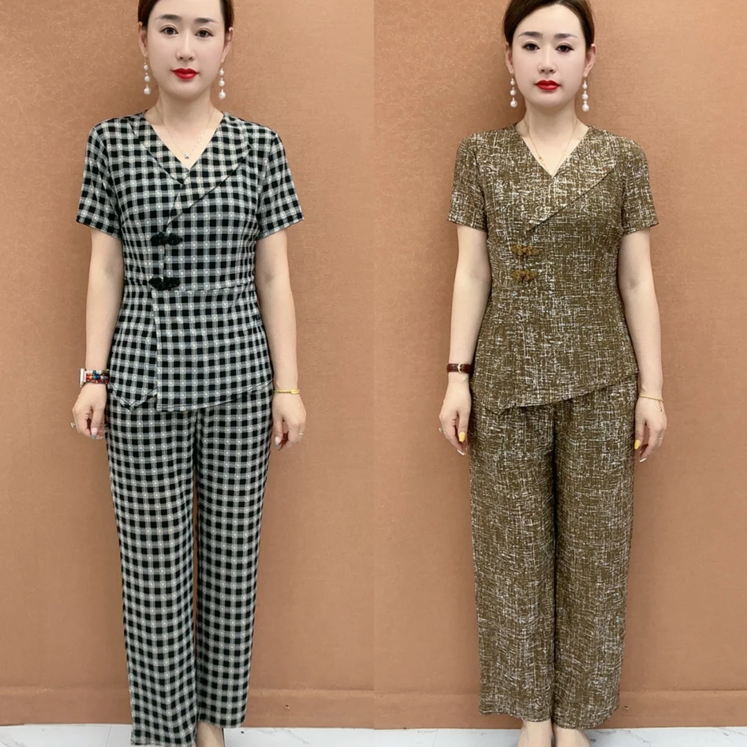 高端百搭漂亮夏妈妈装显瘦洋气上衣休闲气质高级感裤子两件套潮