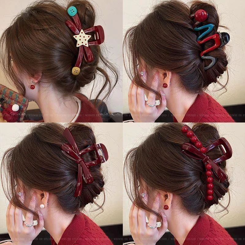 安可拉红色蝴蝶结抓夹女2025新款高级感发夹后脑勺鲨鱼夹秋冬头饰