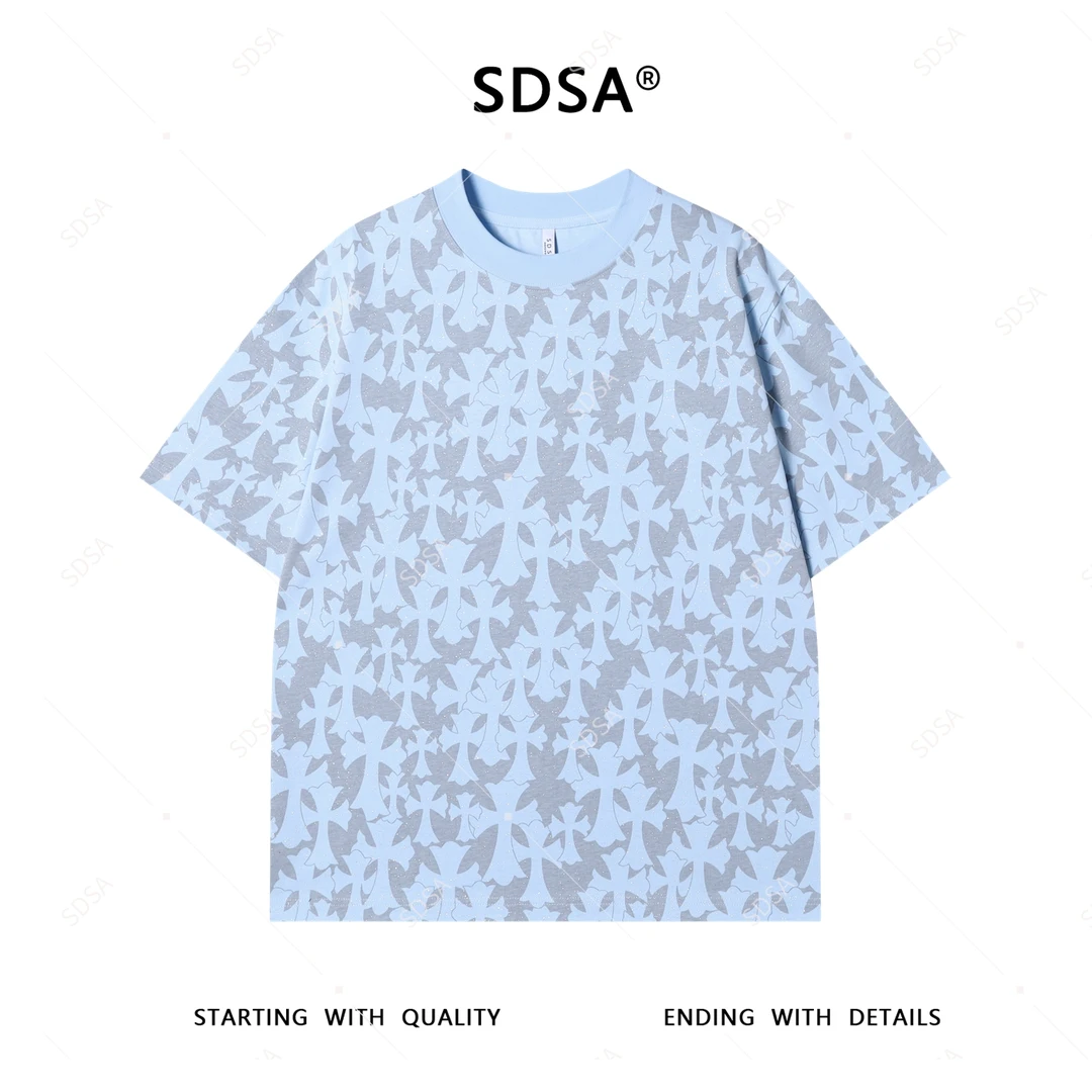 SDSA男士短袖t恤2025新款轻痞帅男装撞色十字满天星圆领上衣复古
