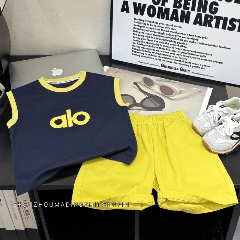 【夏季新款】2025韩版新款男女童亲子款字母印花无袖背心短裤套装