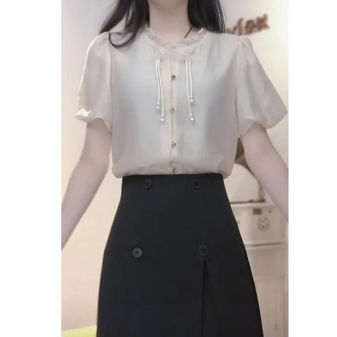 朵以2025夏季新款新中式气质木耳边珍珠花朵短袖上衣39DX118022