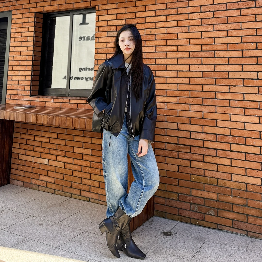 绵羊皮丨法国油蜡皮丨翻领皮衣帅气老钱风空气感外套-MY6181