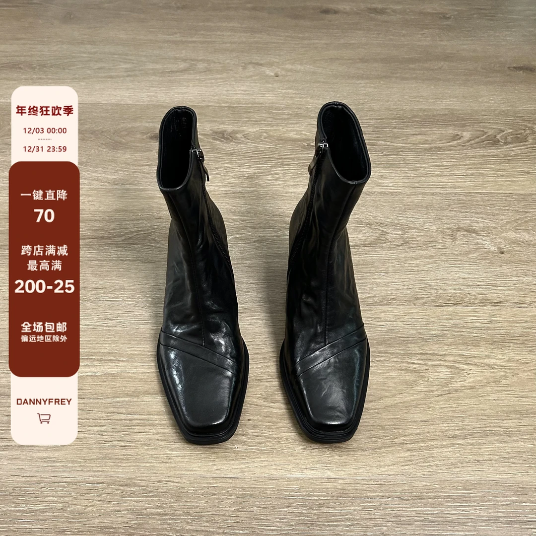 Dannyfrey头层牛皮复古方头粗跟女秋冬新款百搭高跟瘦瘦短靴6CM