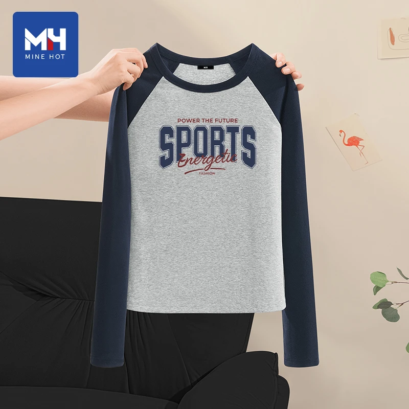 唐狮集团MH撞色长袖t恤女2025新款春秋款打底衫韩版插肩内搭上衣