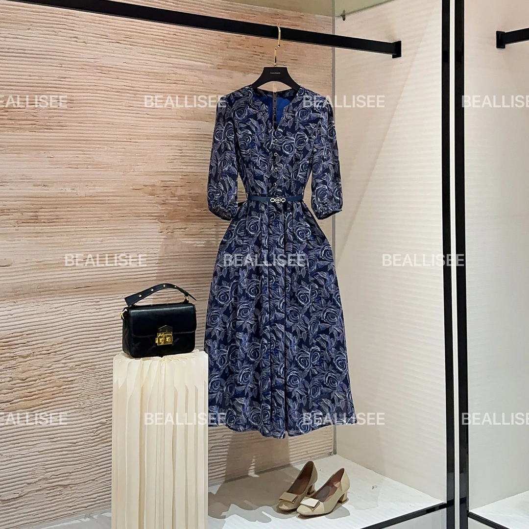 【大薇】连衣裙显瘦V领长裙常规气质裙子印花显身材A字裙CO-245