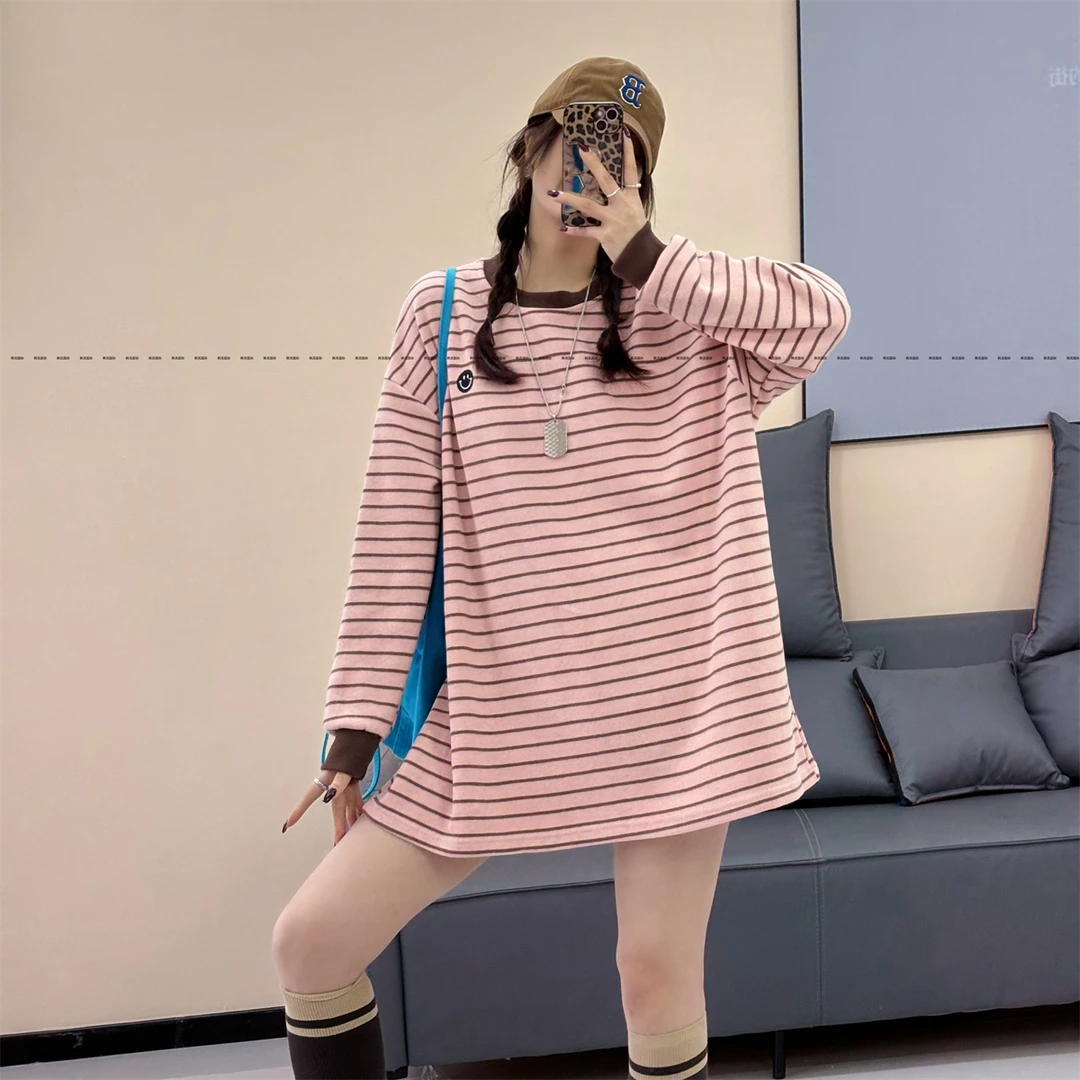 韩版磨毛加厚春季显瘦套头圆领条纹T恤女宽松大码笑脸长袖打底衫