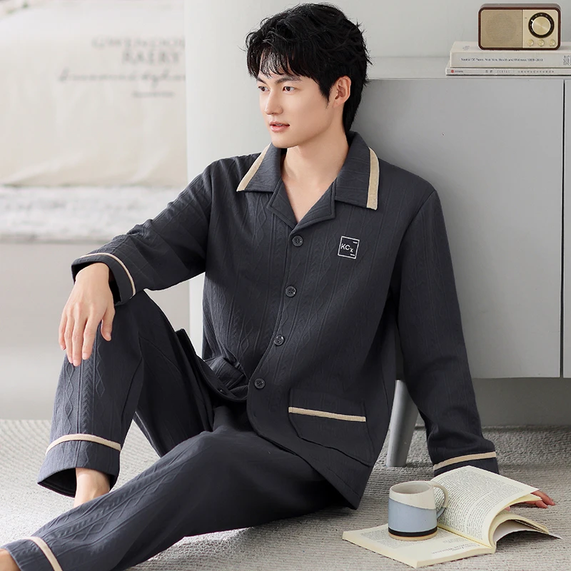 2025秋冬新款男士睡衣时尚加厚纯棉长袖空气棉家居服夹棉大码套装