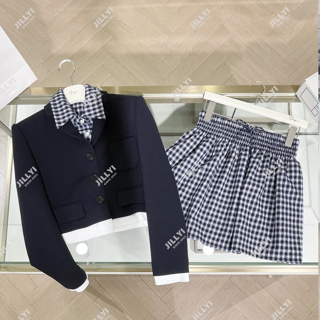 JILLYI珠海店【秋意独白】深蓝拼接格子时尚外套+蓝格子半裙套装