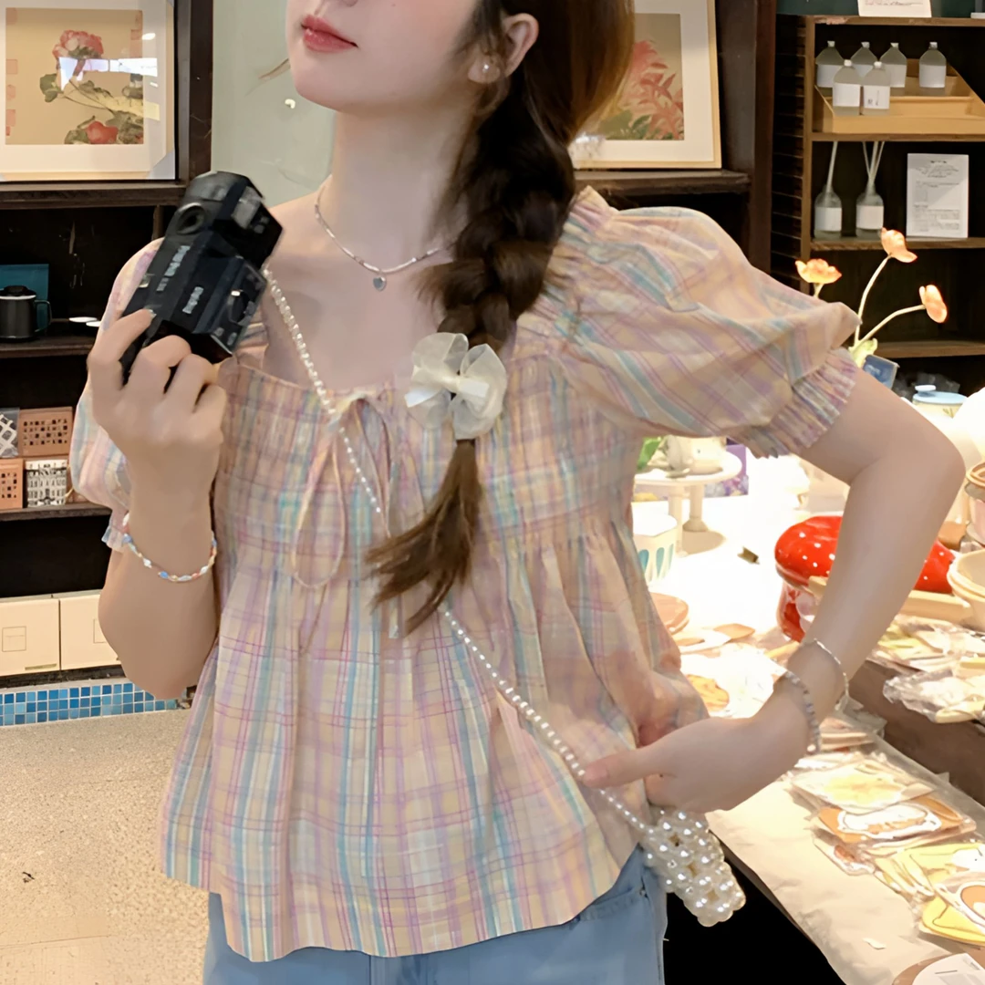 一字肩格纹衬衫上衣女夏装大码胖mm显瘦法式短款洋气泡泡袖上衣女