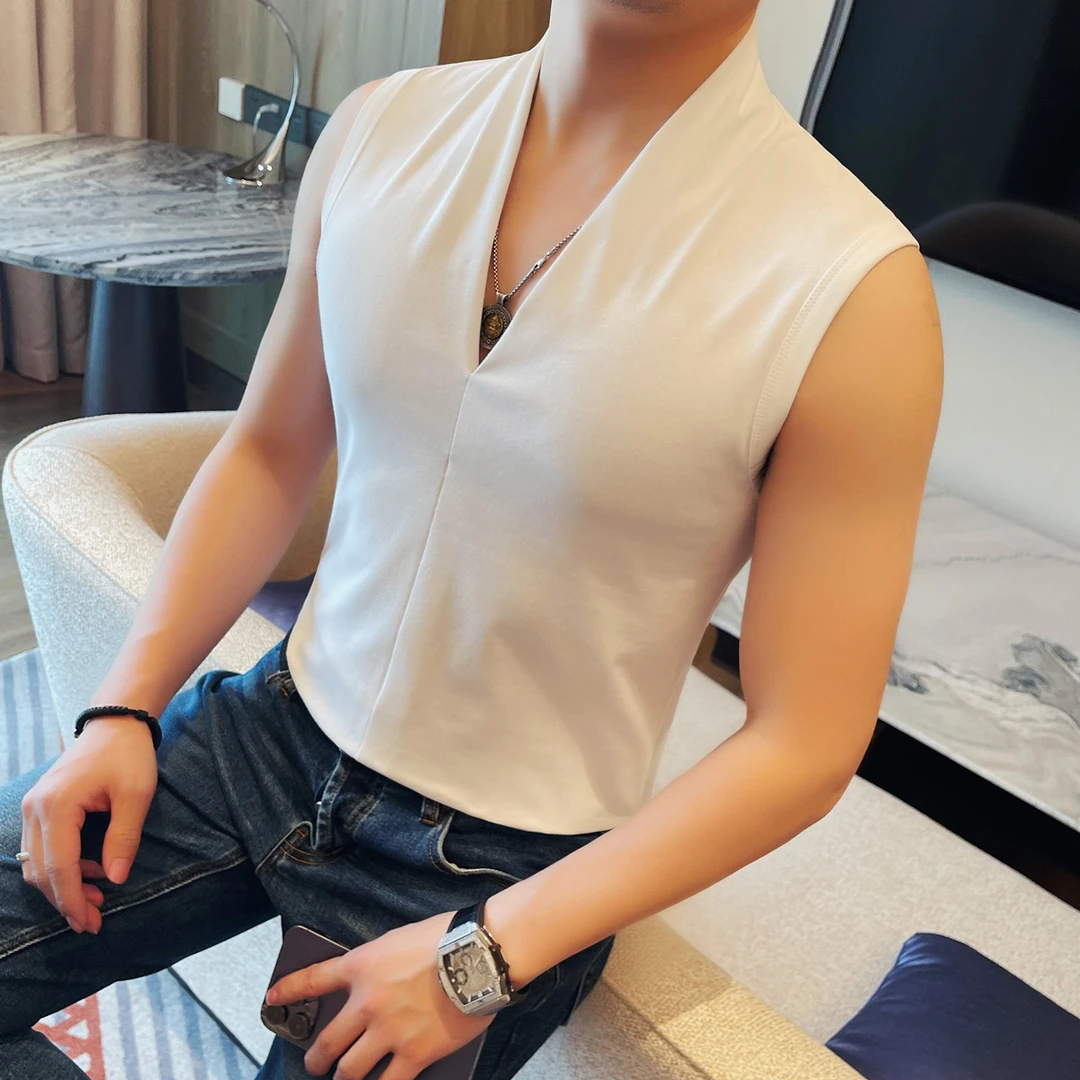 夏装新品无袖男时尚马夹修身V领纯色坎肩潮个性韩版痞帅纯色