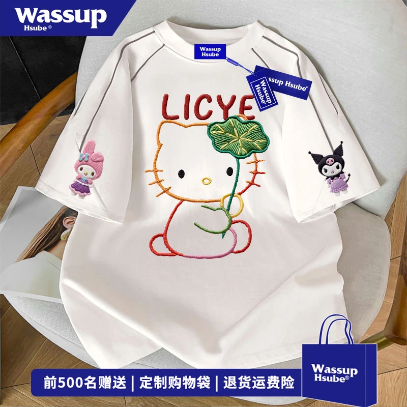 WASSUP HSUBE 美式仿刺绣Kitty猫印花上衣夏季百搭线条拼接短袖男