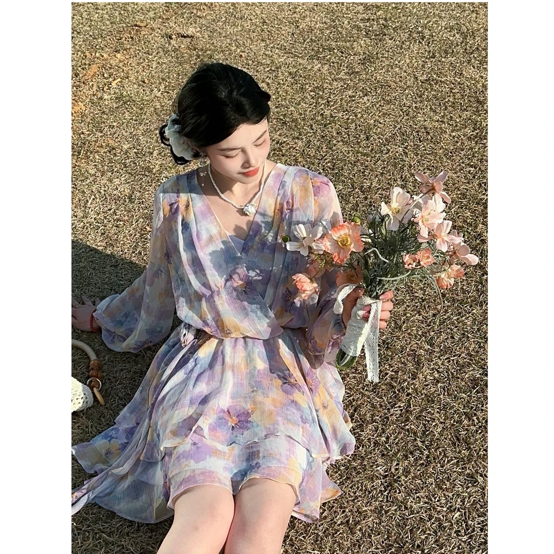 云端紫雾/co&sheng重生小个子春夏紫色碎花连衣裙时尚洋气衣服女