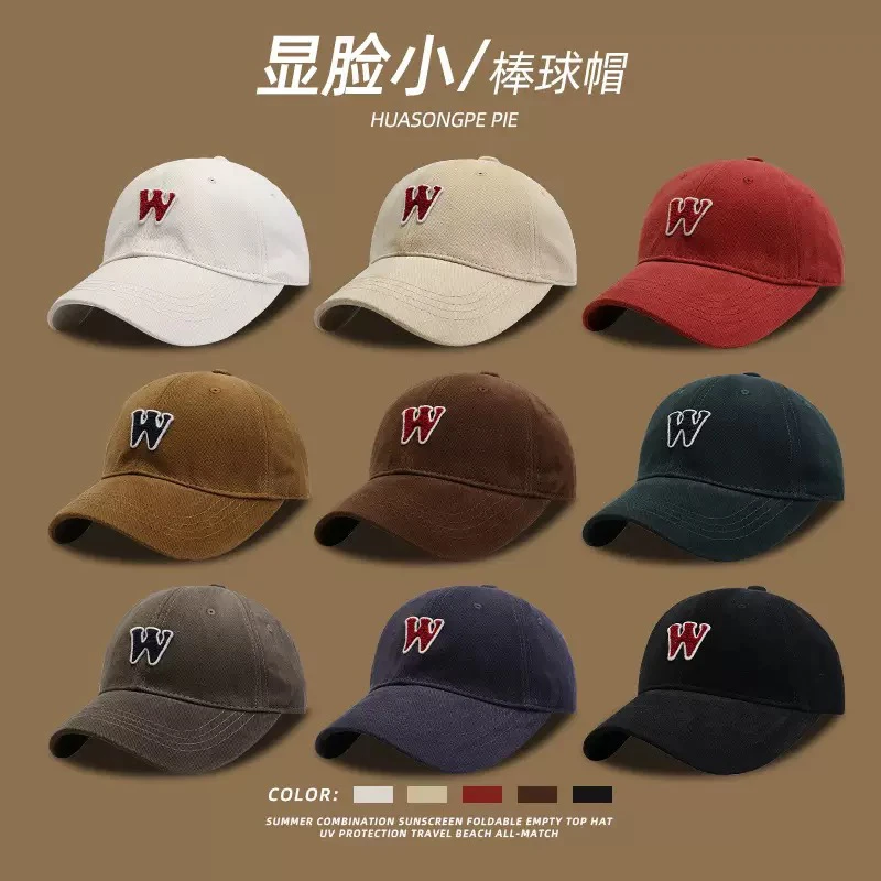 日系ins复古宽帽檐大头围棒球帽子女显脸小百搭w字母纯棉鸭舌帽子