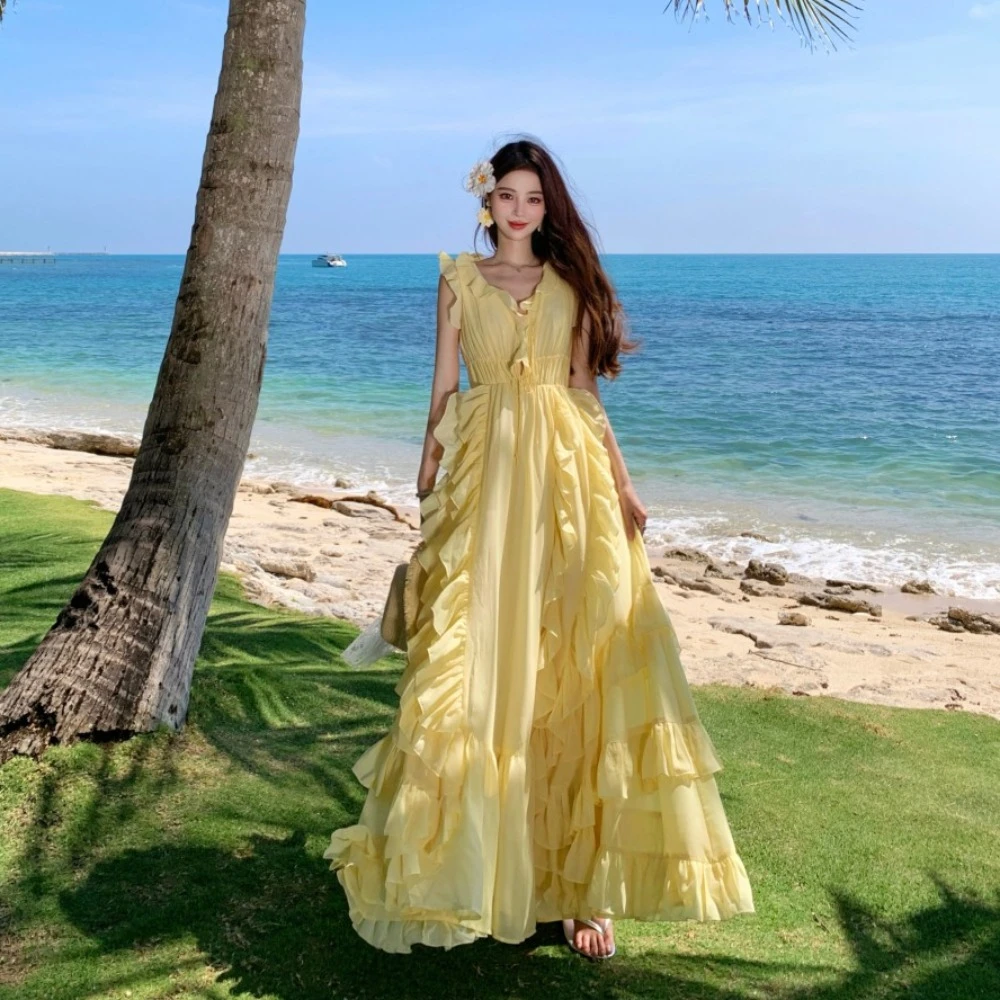 HX实拍落日织光重工不规则荷叶边大摆收腰连衣裙仙女裙法式度假长