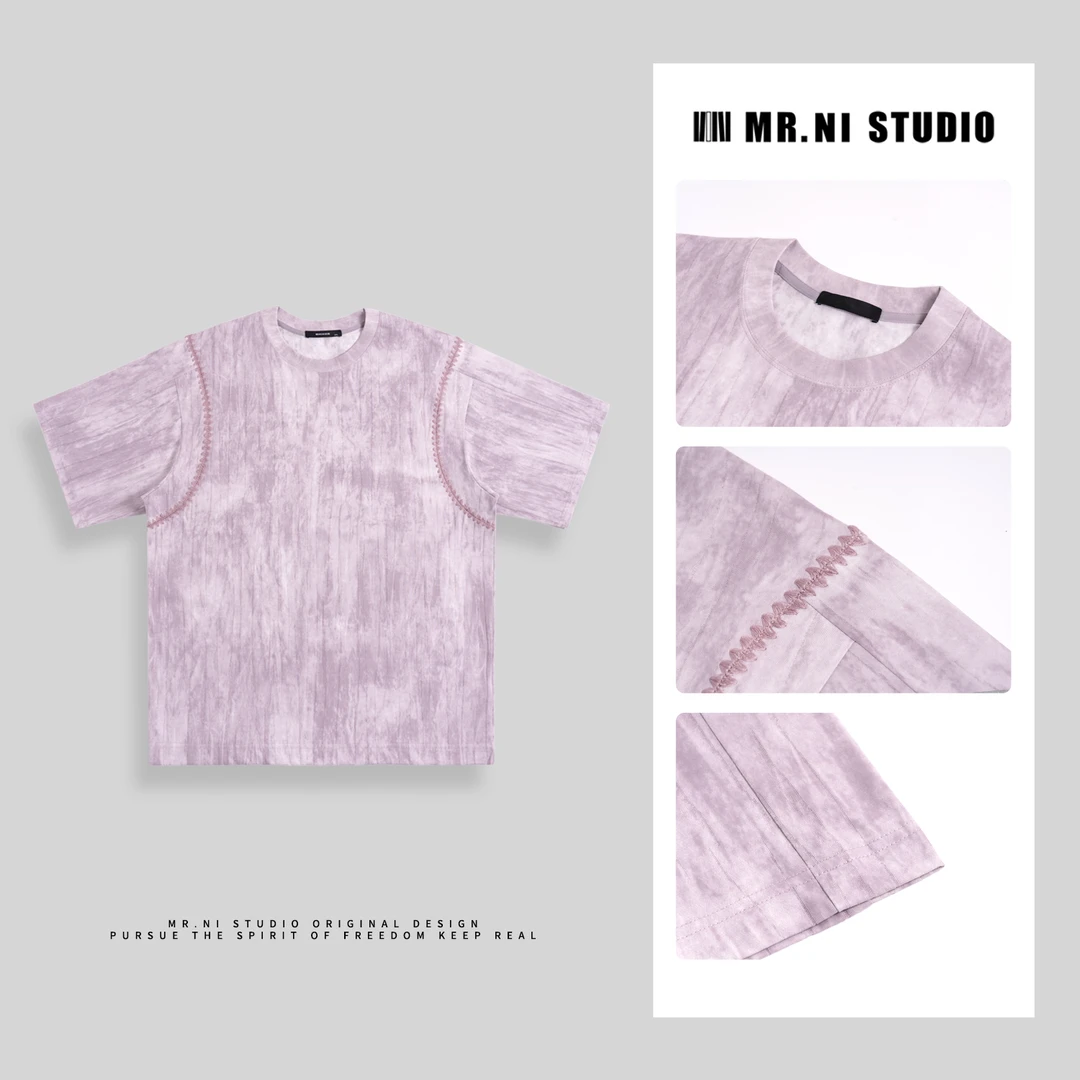 MR.NI/倪先生「粉黛冰川」国风水墨匠人系扎染专机定位波浪短袖T恤