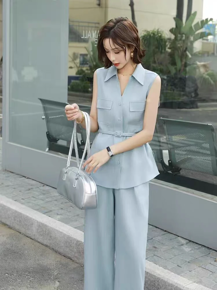 夏季新款无袖上衣配阔腿裤套装96663