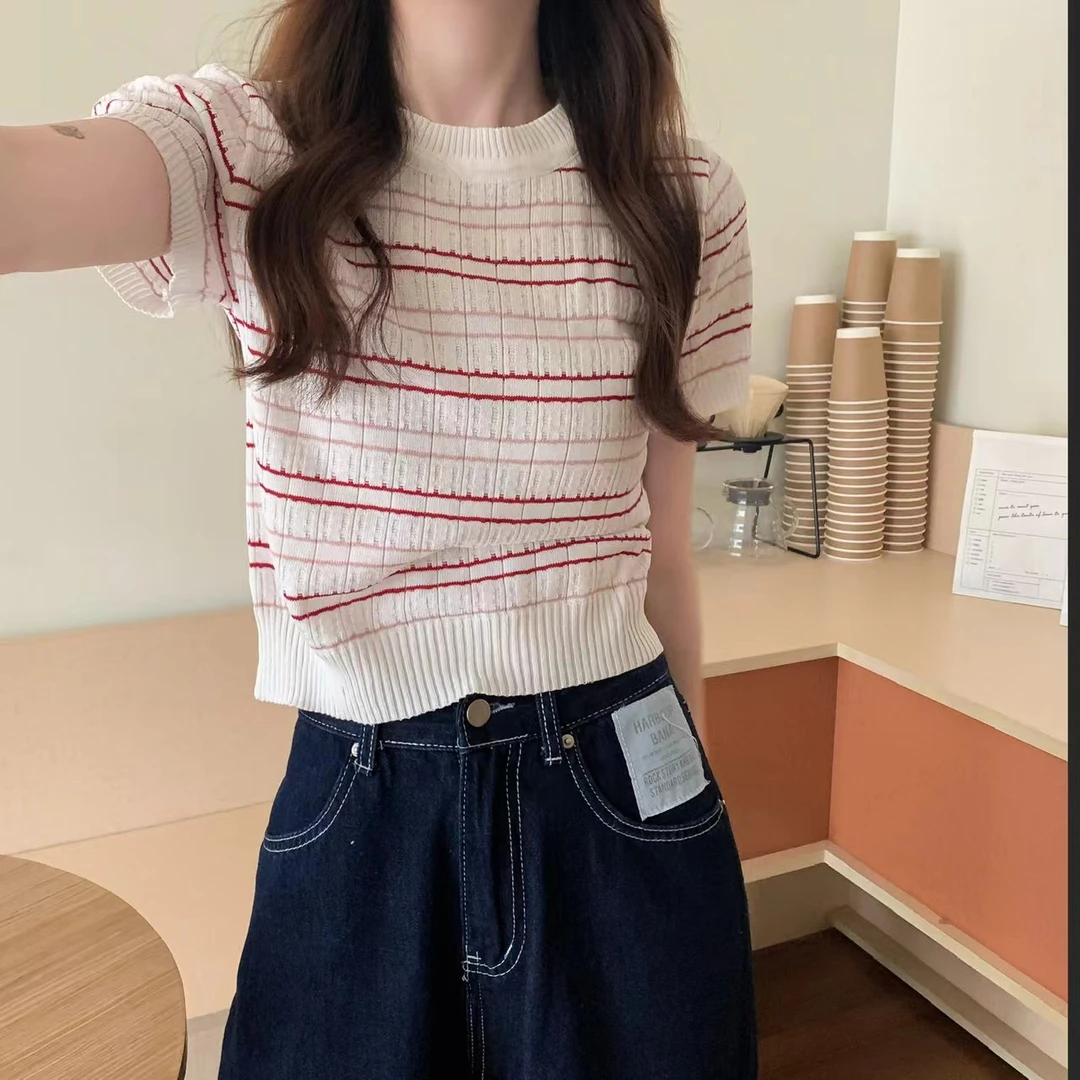 多巴胺薄款冰丝短袖针织衫女2025夏季新款洋气休闲装条纹上衣百搭