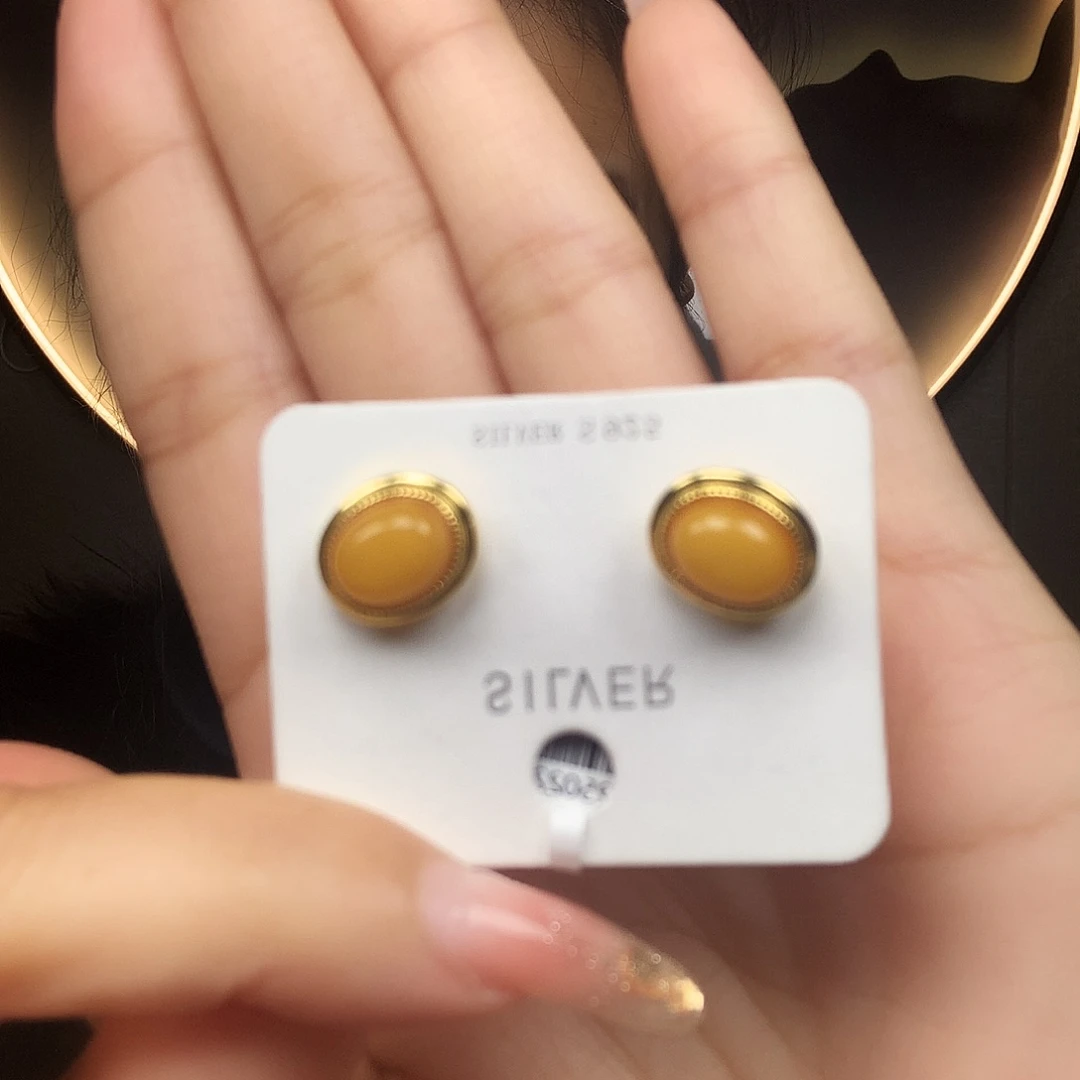 蜜蜡耳饰银S925镶嵌耳钉