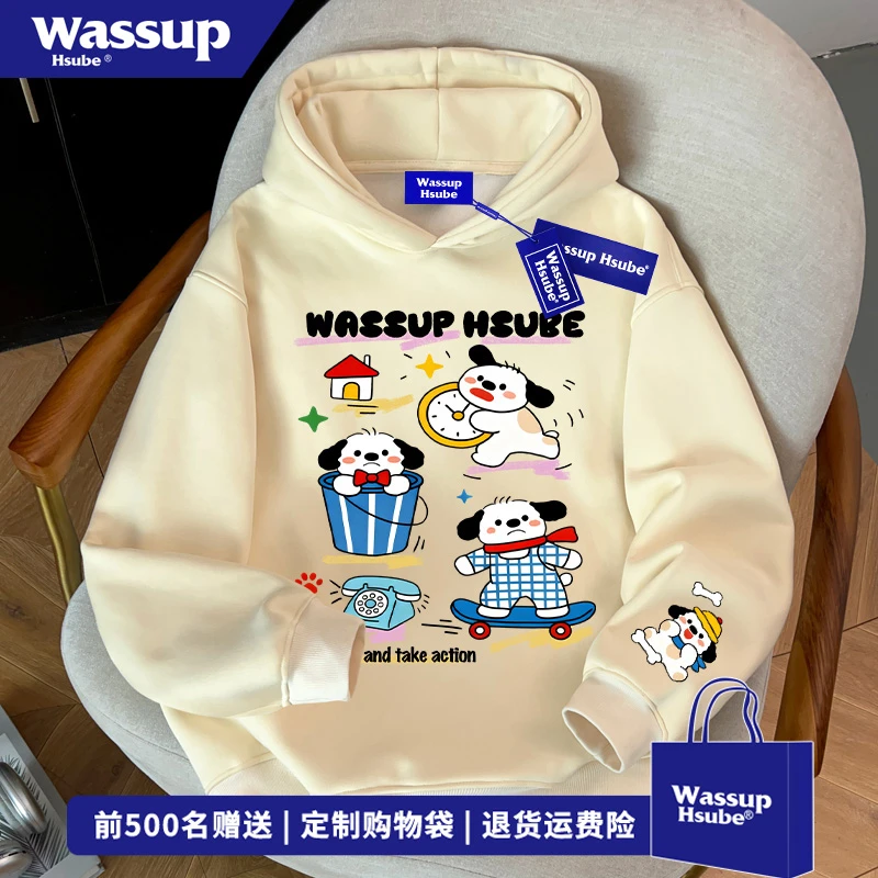 WASSUP HSUBE搞怪小狗印花连帽卫衣男女秋冬慵懒风宽松无口袋上衣