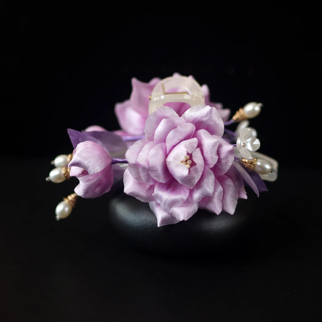 非遗绒花 | 粉韵清香 牡丹 纯手工蚕丝线双面绒花国风11cm大抓夹