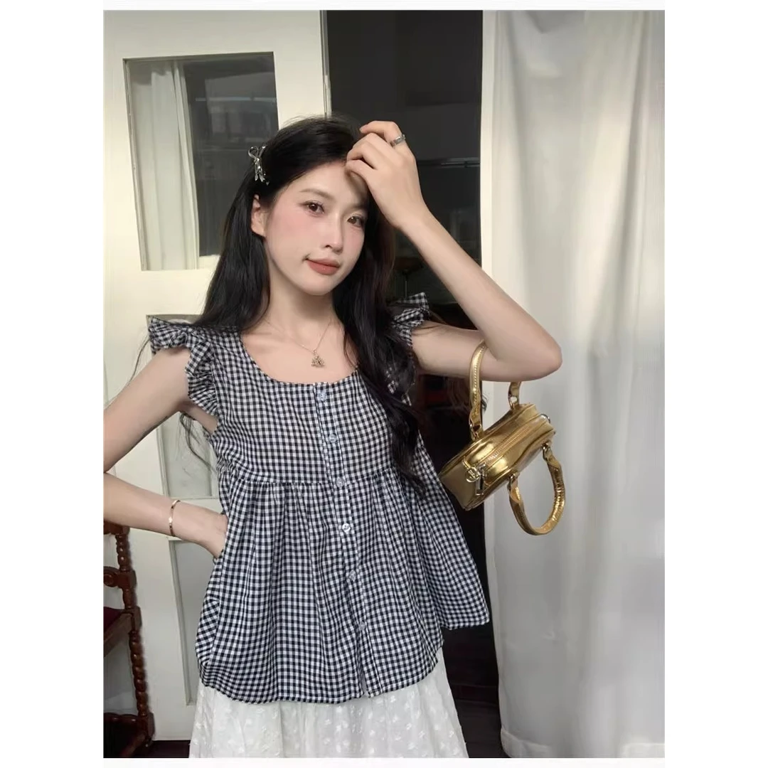 韩版甜美飞飞袖复古格子宽松显瘦衬衫别致绝美上衣女装夏季睡衣女